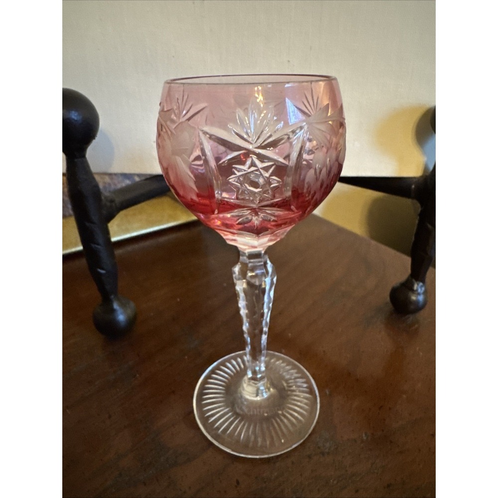 Vintage Cranberry Cut to Clear Crystal Cordial Glass Grapes Stars 5"